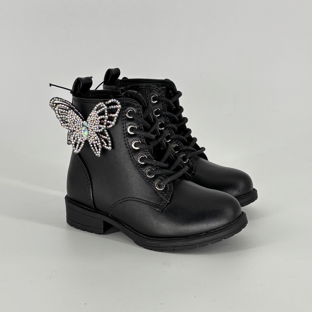 Mia Vyolet Combat Boots Black Kids Size 8 Rhinestone Butterfly Lace Up Side Zip
